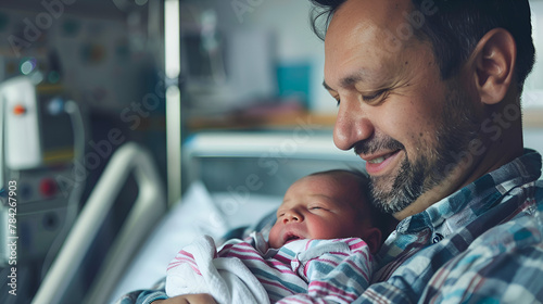 father looking at new born baby in hospital photo