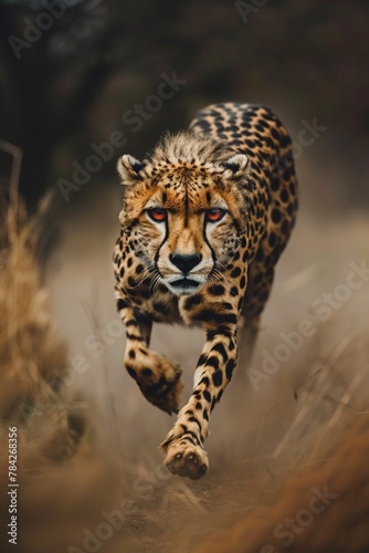 A cheetah in full sprint across the savannah showcasing its incredible speed and focus photo