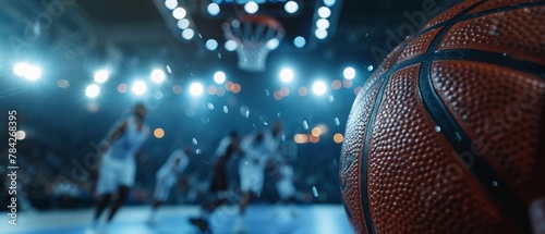 A close-up of a basketball on the court with players and bright lights in the background during a game. photo
