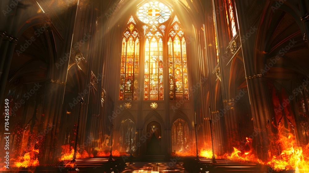 Somber Radiance - Stained Glass Windows Casting Divine Light Within Gothic Cathedral