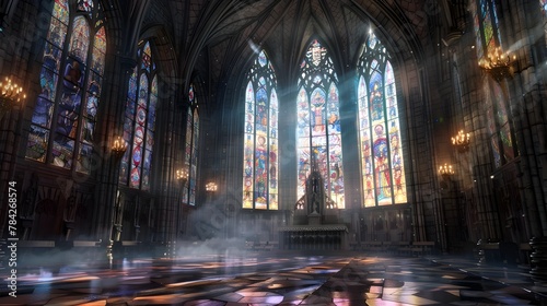 Dramatic Gothic Chapel Bathed in Ethereal Stained-Glass Lighting