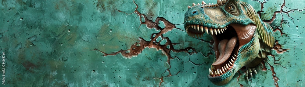 Fototapeta premium A fierce dinosaur head breaking out of a green wall