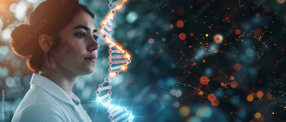 A healthcare worker contemplates a glowing DNA helix A healthcare worker contemplates a glowing DNA helix