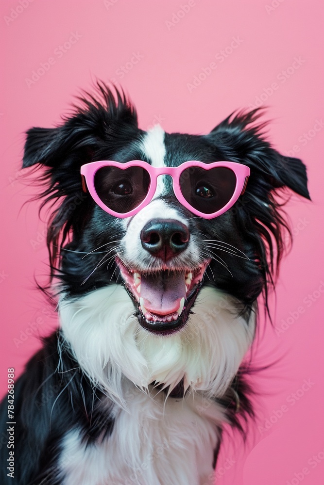 Fototapeta premium A playful black and white dog wearing pink heart-shaped sunglasses against a pink background.