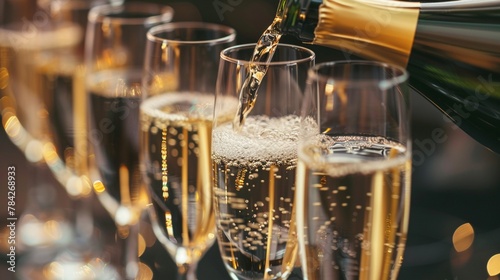 A luxurious moment as champagne is poured into elegant glasses lined up for a toast at a festive event