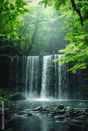 A Panoramic beautiful deep forest waterfall.
