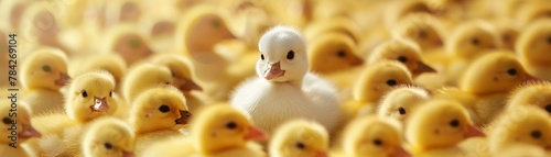 A standout white chick is surrounded by a sea of yellow ducklings in a warm