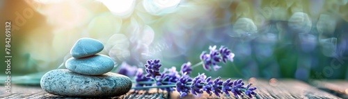 A tranquil arrangement of zen stones and fresh lavender flowers on a wooden surface against a blurred natural backdrop.
