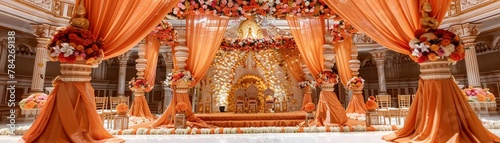 A traditional Indian wedding mandap exquisitely decorated with flowers and drapes photo