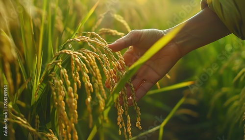 A tender human hand gracefully touches the stalks of rice in a lush field, connecting with nature and agriculture