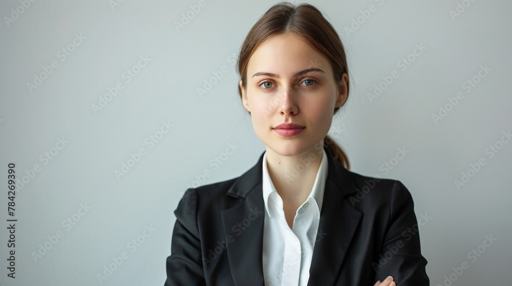 Confident corporate businesswoman in a suit poses for a professional portrait against a white background. Confident corporate businesswoman in a suit poses for a professional portrait against a white background.