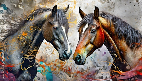 horse in the woods, wallpaper texted animal Plants, animals, horses, metal elements, texture background, modern paintings photo