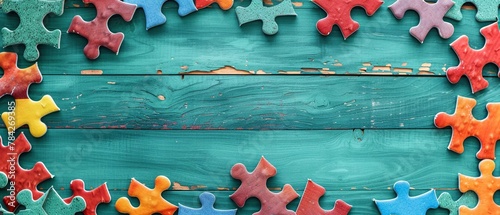 Colorful jigsaw puzzle pieces forming an incomplete frame on a teal wooden background photo