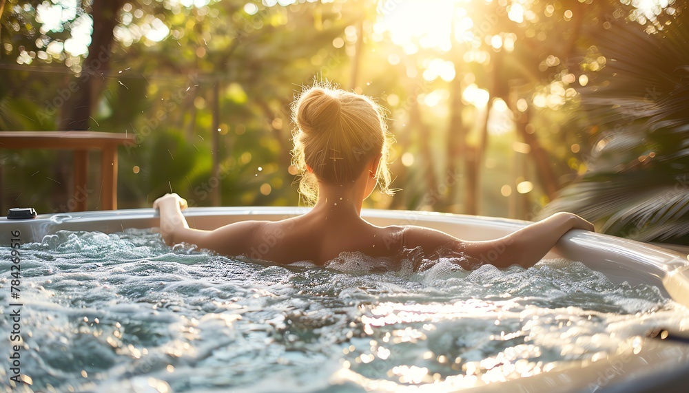 Peaceful woman enjoying a relaxing soak in a bubbling outdoor jacuzzi bath with sunlight shining