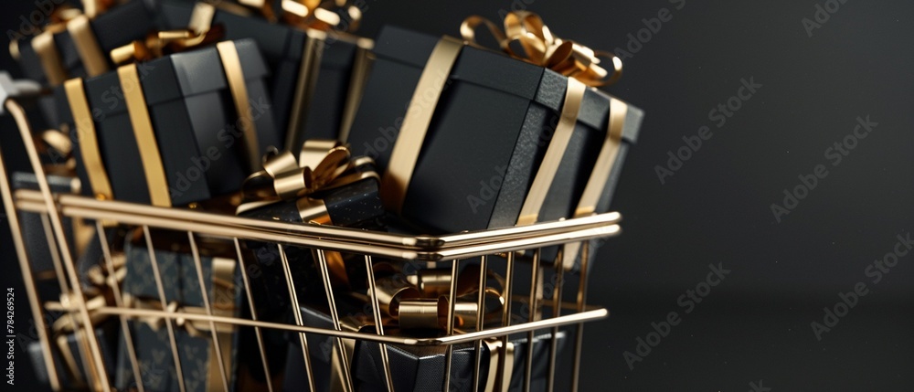 Shopping cart overflowing with black gift boxes tied with golden ribbons.