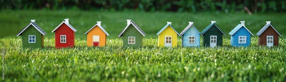 Tiny colorful houses lined up on a vibrant green grassy field Tiny colorful houses lined up on a vibrant green grassy field