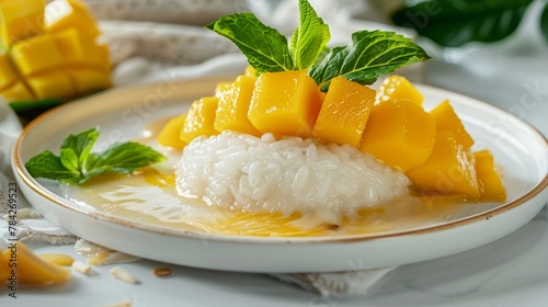 Thai classic mango sticky rice dessert garnished with mint on a white plate