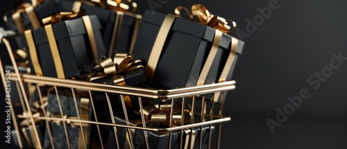 Shopping cart overflowing with black gift boxes tied with golden ribbons.