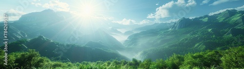 The sun shines brightly over a lush mountain landscape