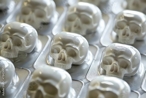 White skullshaped pills in a blister pack, potentially symbolizing danger or risk associated with medication