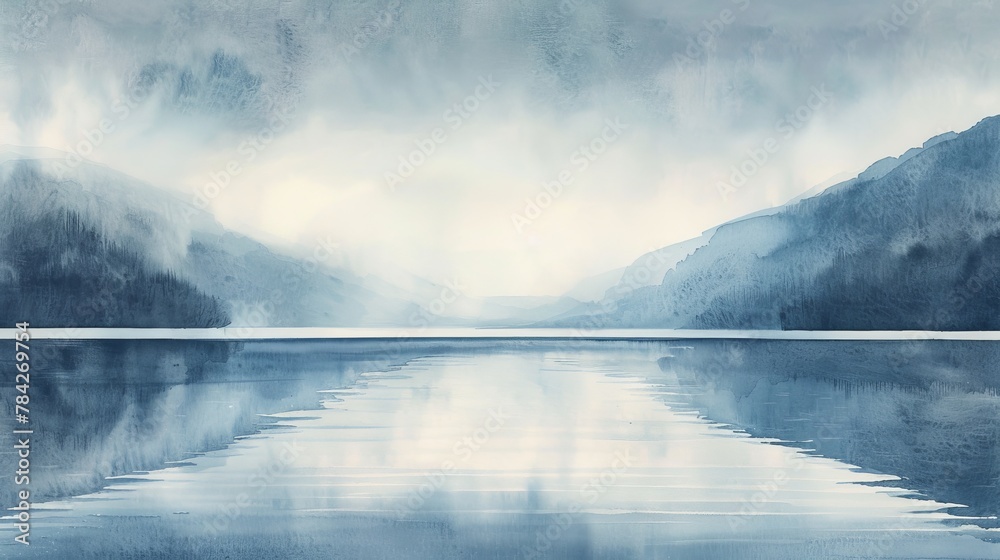 Watercolor depiction of a quiet lake at dawn, gradients of blue and grey with white mist rising above the water, serene and tranquil