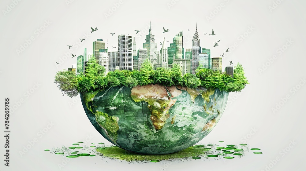 Green cities with plants around them facilitate global sustainable growth that is ecologically sustainable over a white backdrop and space, Generative AI.
