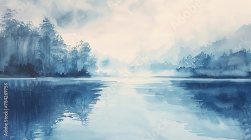 Watercolor depiction of a quiet lake at dawn, gradients of blue and grey with white mist rising above the water, serene and tranquil