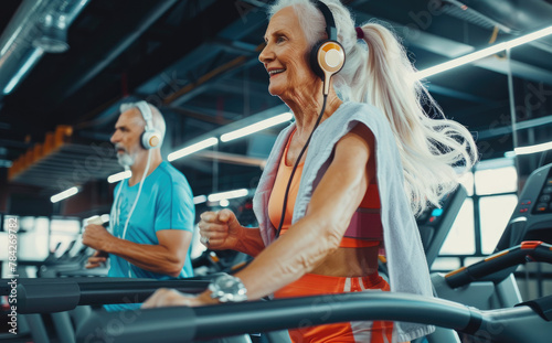 Happy senior woman in the gym running on a treadmill with her husband wearing headphones and a towel around his neck