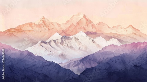 Serene mountain landscape at sunrise, watercolor gradient sky in soft pinks and oranges, white mountain peaks contrast against dark valleys