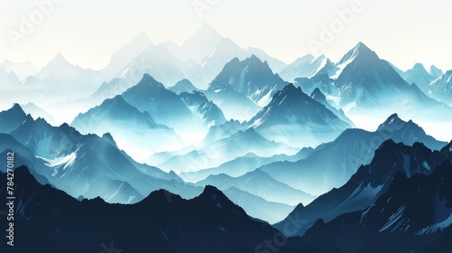 Mountain ranges in layered gradients of color, with black peaks and white snow caps adding dramatic contrast