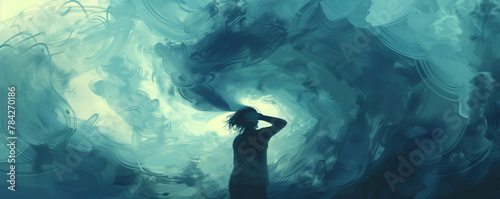 person holding their head in despair, surrounded by swirling clouds of anxiety and stress.