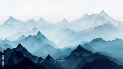 Mountain ranges in layered gradients of color, with black peaks and white snow caps adding dramatic contrast #784270196