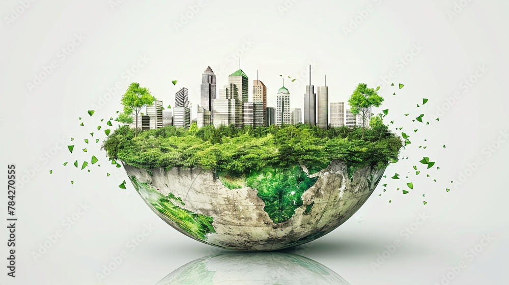 Green cities with plants around them facilitate global sustainable growth that is ecologically sustainable over a white backdrop and space, Generative AI.
