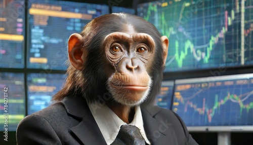 chimpanzee in black suit at trading desk monkey trader with computer monitors of stock market as background photo