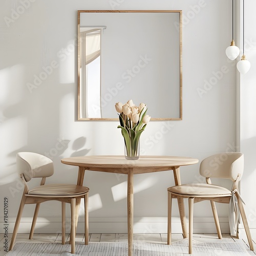 frame mockup in a small dining room with white walls