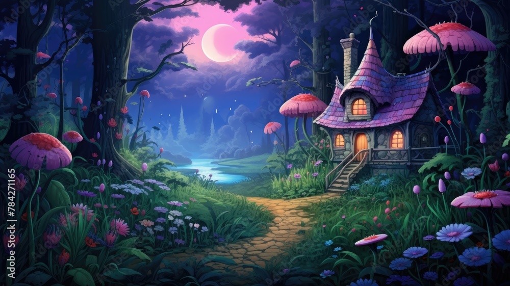 cartoon nature landscape. Night forest with house