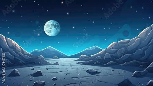 Moon surface landscape with craters and Earth on background cartoon illustration