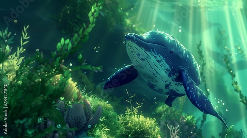 Deep within the heart of a lush, emerald-hued underwater paradise, where shafts of sunlight filter through the swaying kelp forests,