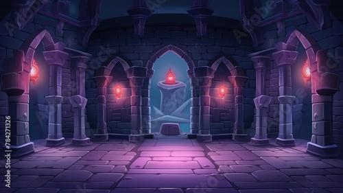 Night medieval stone castle cartoon game background. Mystic dungeon interior with floor, wall, window and fire torch. F