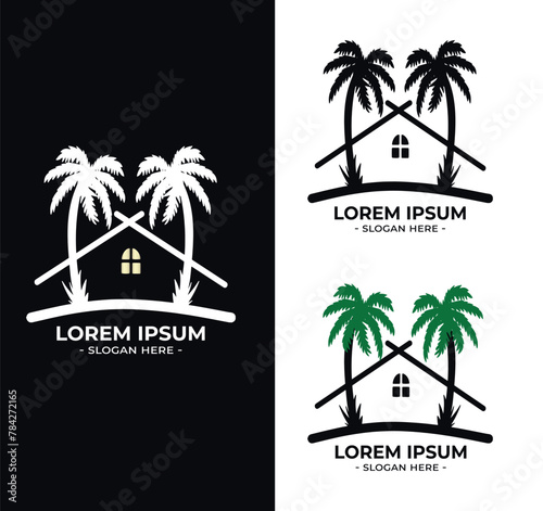 beach hotel logo vector. house logo design template with palm trees vector