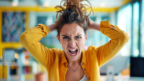 A woman in a yellow shirt is screaming and has her hair in a bun. She is angry and frustrated. a young woman screeming with a funny face, casual clothes , Holds hairs up, in business environment, photo