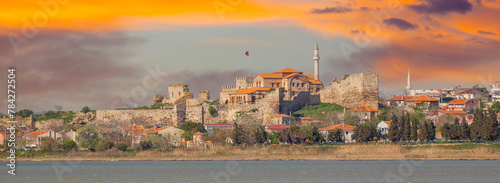 View of Hagia Sophia Mosque, Ancient Mosque Enez (Ainos) Fatih Mosque, built in the 12th century and converted into a mosque in 1455, and Enez (Ainos) castle.