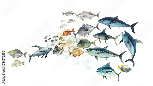 Watercolor painting of various fish species scattering into an open space  resembling a burst formation.