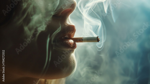 Close-up of a person's lips with a lit cigarette, surrounded by smoke.