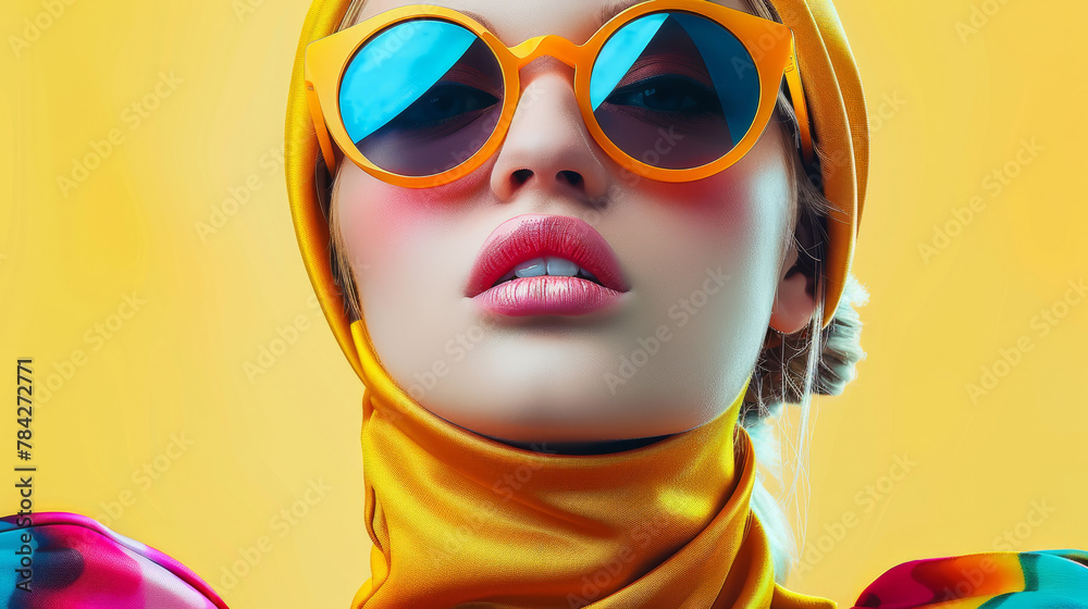 A woman wearing a yellow scarf and sunglasses with a pink lip color. The image has a bright and cheerful mood. portrait photo of a highfashion model with modern sunglasses, vivid colors