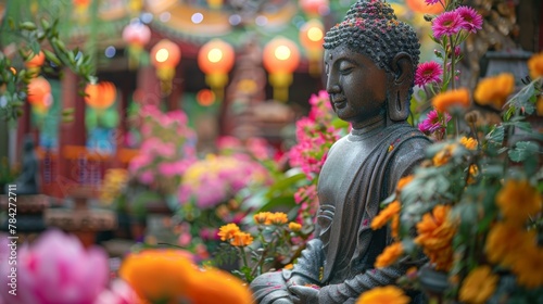 Contemplative Buddha Statue Amidst Lush Floral Offerings, Essence of Zen and Peace