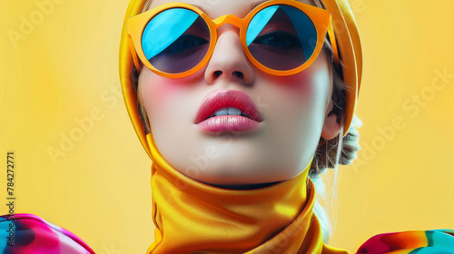 A woman wearing a yellow scarf and sunglasses with a pink lip color. The image has a bright and cheerful mood. portrait photo of a highfashion model with modern sunglasses, vivid colors