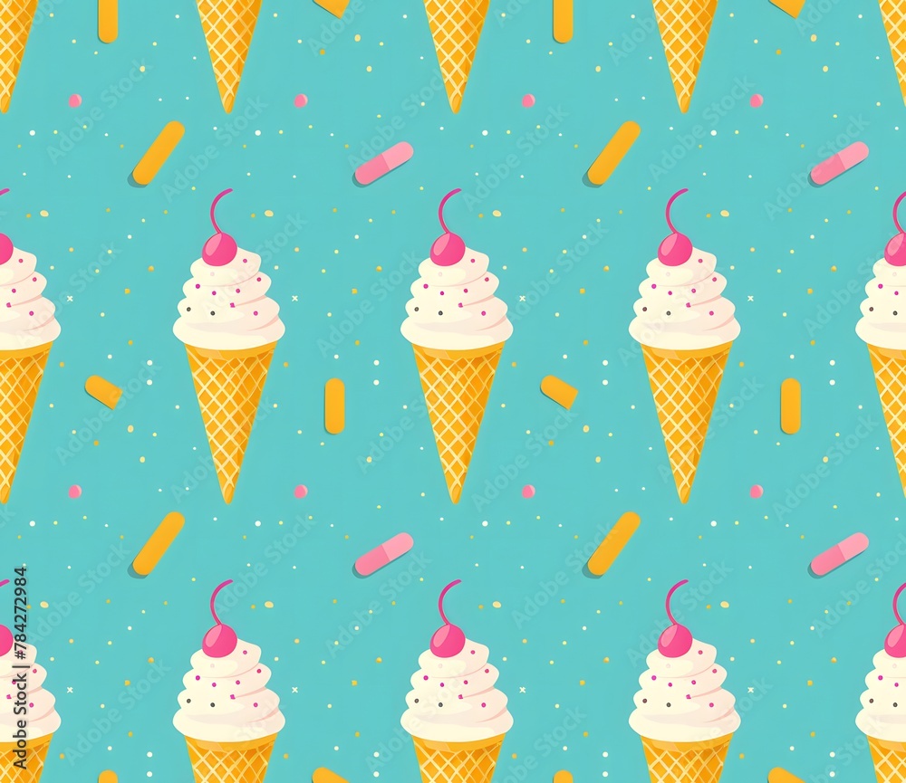 ice cream pattern, flat illustration, simple shapes, colorful, teal background