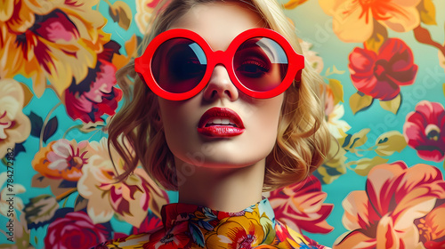 Wallpaper Mural Portrait of fashionable blonde woman female person with oversized red sunglasses on floral background in bright retro colors.  Torontodigital.ca