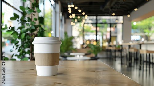 mockup, blank white paper cup of hot coffee on wood table with blurred background of cozy urban cafe interior design photo